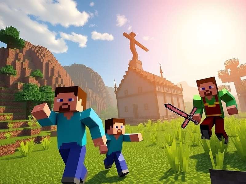 Minecraft character holding a BitLife smartphone on a blocky landscape