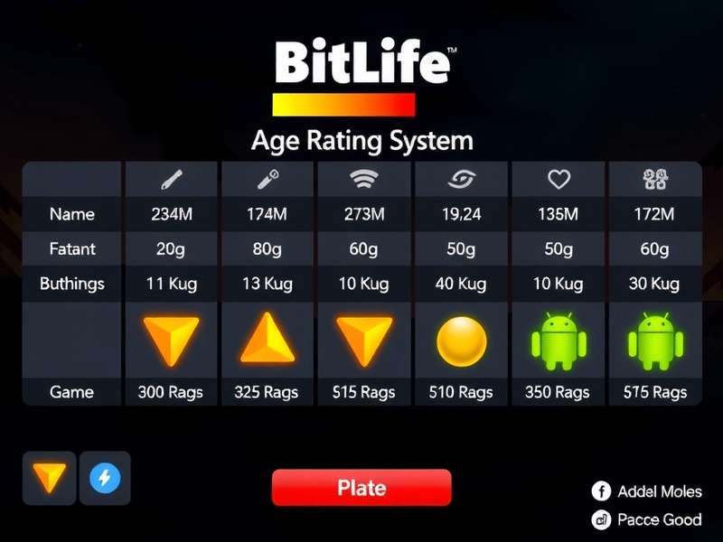 BitLife game age rating system infographic showing ESRB M (17+), PEGI 16, and USK 16 classifications with content warnings for violence, sexual content, drugs, alcohol, and crime.